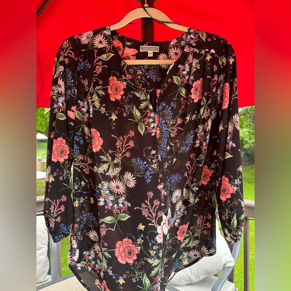 Pleione Black And Bright Multicolor Floral Long Sleeve Blouse
